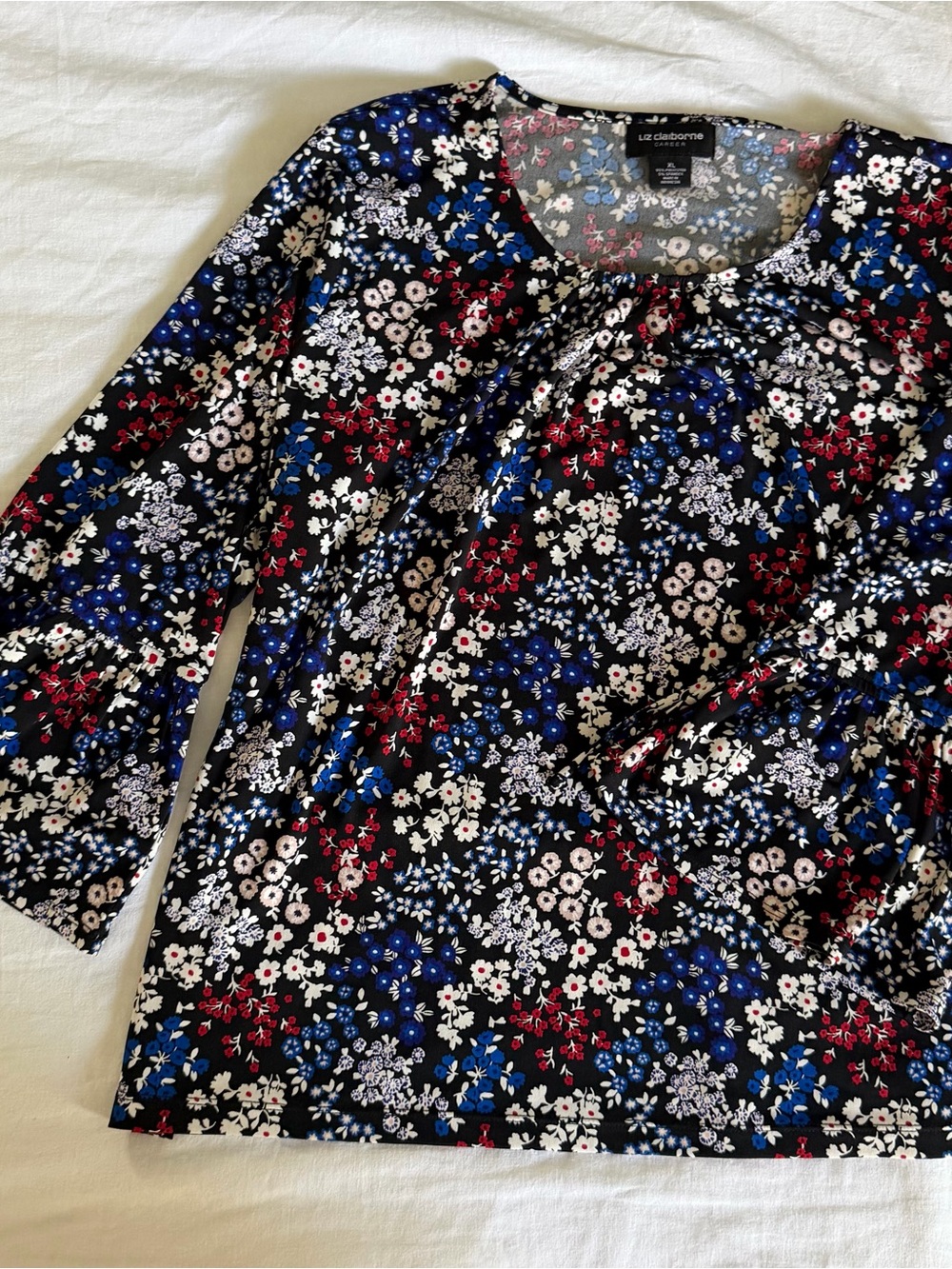 Liz Claiborne Black Floral Scoop-Neck Long Sleeve Top